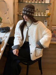 DAZY Contrast Trim Button Front Fuzzy Coat - Grey - View 9
