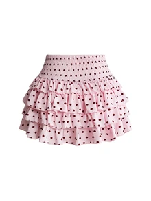 ROMWE Kawaii Polka Dot Print Two Layer Hem Skirt - Pink - View 2