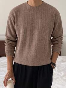 DAZY Men Solid Ribbed Knit Sweatshirt - Rust Brown - View 1