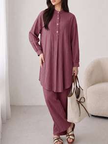 Solavon Solid Button Front Longline Blouse & Pants - Dusty Pink - View 5