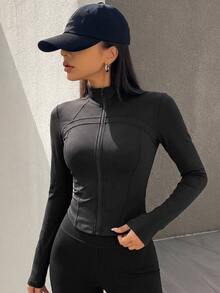 DAZY 女款極簡街頭風拉鍊長袖T恤，適合日常穿著 - 黑色 - 查看 6