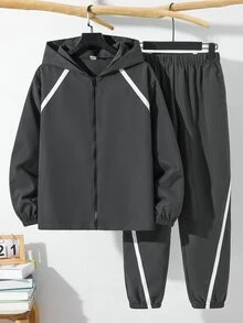 SHEIN 青少年男孩對比色膠帶拉鍊連帽外套與長褲套裝 - 灰色 - 查看 4