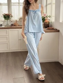 Snug Reverie Fresh Minimalist Solid Color Pleated Camisole Top With Wide Leg Pants Loungewear Set - Blue - View 3