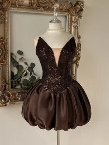 Lovelzi Elegant Glamorous Coffee Color Sequin Embroidered Patchwork Shiny Silk Strapless Deep V-Neck Bud Skirt Prom Dress - Coffee Brown - View 1