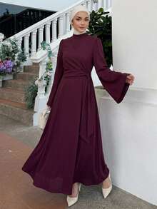 DAZY Women's Elegant Fashion Pleated Waist Long Sleeve Dress Fall - Burgundy - View 10