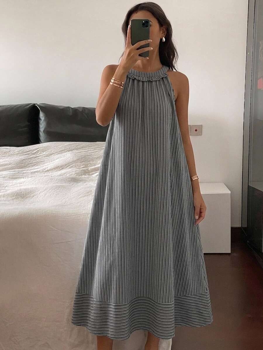 DAZY Striped Print Keyhole Back Lounge Dress - Grey - View 1