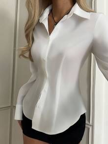 SHEIN EZwear Solid Button Front Shirt - White - View 8