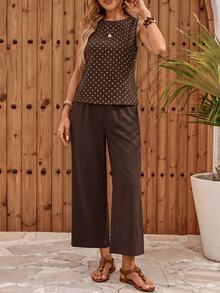 EMERY ROSE Top de tirantes con estampado de lunares y bajo dividido & Pantalones de pierna ancha - Multicolor - Ver 7