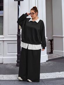 SHEIN CURVE+ Plus Drop Shoulder 2 In 1 Sweatshirt & Celana Panjang Lebar - Hitam - View 4