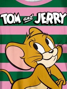 TOM & JERRY X SHEIN Plus Size Contrast Striped & Cartoon Letter Graphic Tee - White - View 5