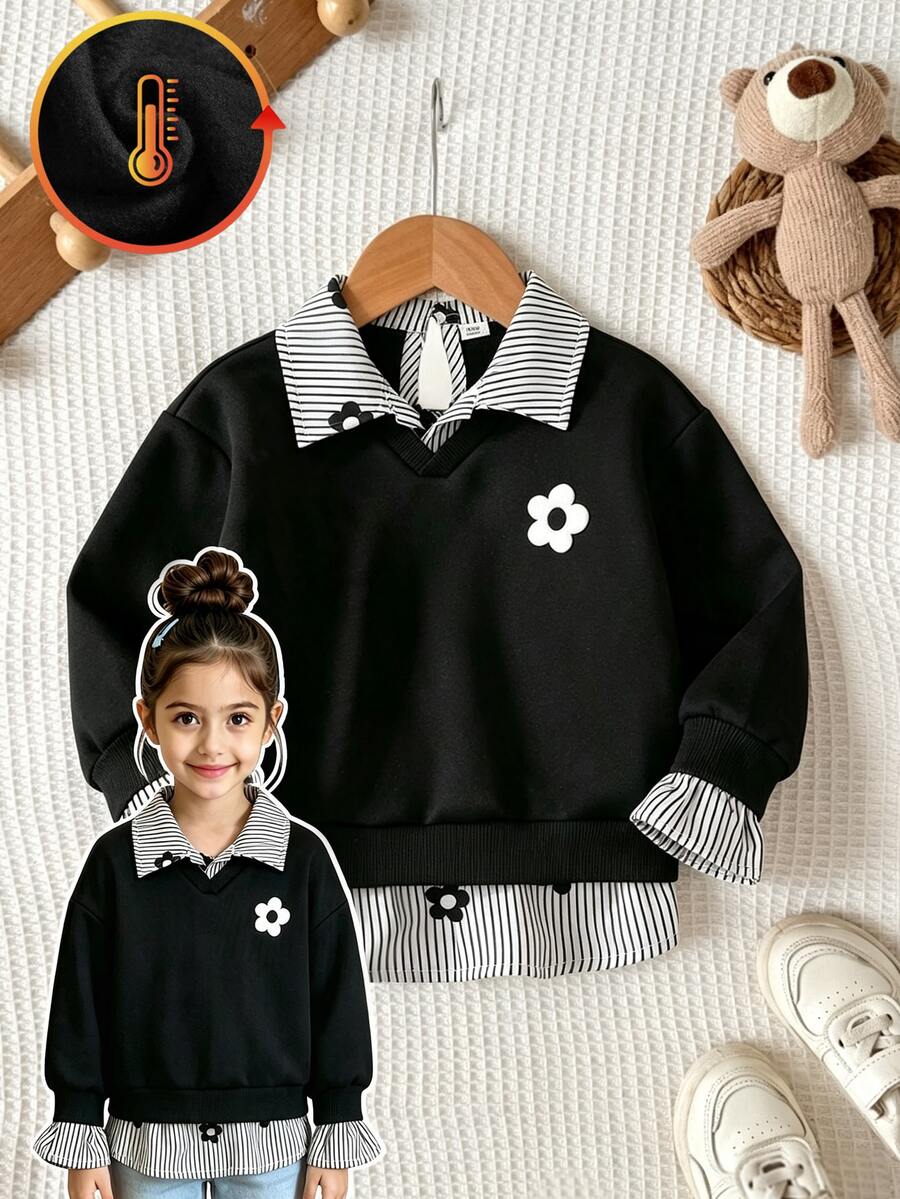 SHEIN 女童與中性休閒拼接 Polo 領運動衫,花卉印花圖案裝飾,適合通勤、上學、日常休閒、運動,秋冬穿著 - 黑色 - 查看 1