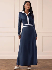 Lilora Gaun Berkerah V dengan Trim Kontras dan Sabuk - Navy Blue - View 6