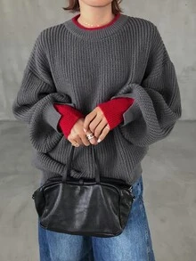 FRIFUL Sweater Kasual Longgar Lengan Panjang Model Bahu Jatuh untuk Wanita di Musim Dingin - Grey - View 3