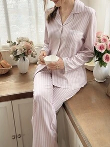 Snug Reverie Striped Cardigan Collar Lace Trim Women's Long Sleeve Pajama Set - Baby Pink - View 5