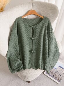 Elaquor Plus Size Autumn Casual Solid Color Frog Button Cardigan - Green - View 4