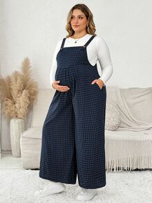 Plussiva 大尺碼紋理格紋寬鬆孕婦連身褲 - 藍色 - 查看 5