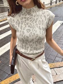 Firerie Top de punto con manga corta y estampado de leopardo - Blanco - Ver 1