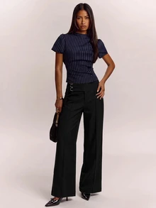 SHEIN BAE Celana Panjang Model Lebar dengan Detail Cincin Solid untuk Jas Kantor Bisnis Warna Hitam Musim Panas Kasual Elegan - Hitam - View 3