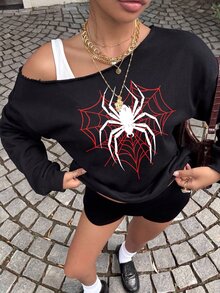 Muchica Spider Print Asymmetrical Neck Drop Shoulder Sweatshirt - Black - View 5