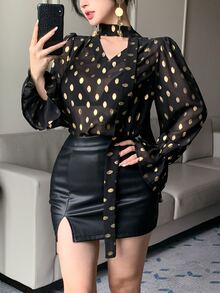 DAZY Gold Dot Print Tie Neck Flounce Sleeve Sheer Shirt Fall Long Sleeve Tops - Black - View 7