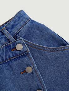 SHEIN MOD Button Front Wrap Asymmetrical Hem Denim Skirt Teacher Outfits For Women - Medium Wash - View 3