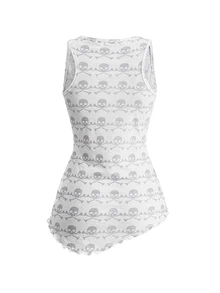 ROMWE Grunge Punk Allover Skull Print Lettuce Trim Asymmetrical Hem Tank Top - White - View 2
