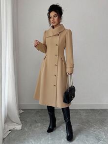 Elenzga 1pc Solid Foldover Collar Button Front Overcoat - Khaki - View 3