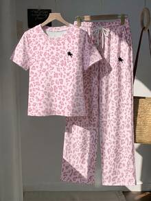 SHEIN EZwear 2件組刺繡圓領短袖上衣與條紋印花長褲，休閒風 - 淺粉色 - 查看 5