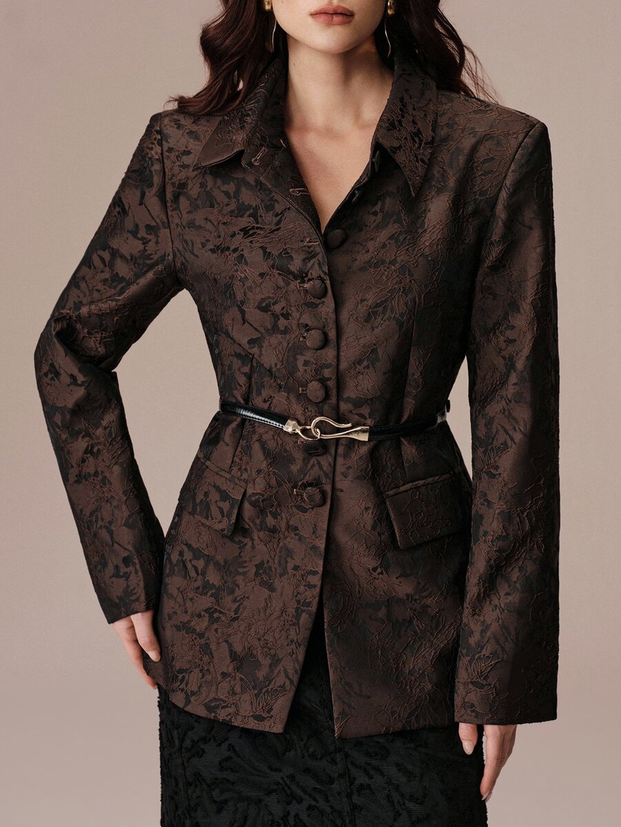 BELROSIE Blazer Wanita Lengan Panjang Model Slim Fit Warna Polos dengan Kerah Kemeja yang Dikencangkan di Pinggang - Coffee Brown - View 1