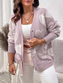 Elenzga Cardigan de talla grande con estampado de corazones y botones delanteros - Púrpura polvoriento - Ver 4