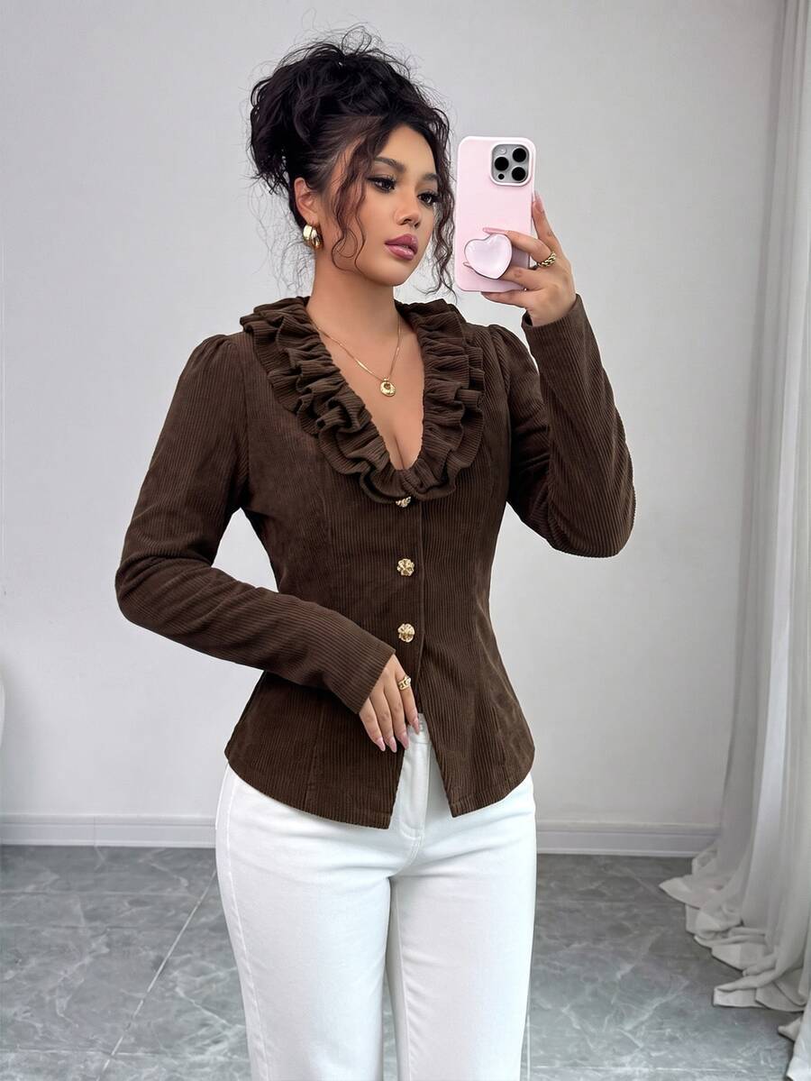 Selianne جاكيت مزين بحافة مكشكشة وأزرار أمامية - بني - مشاهدة 1