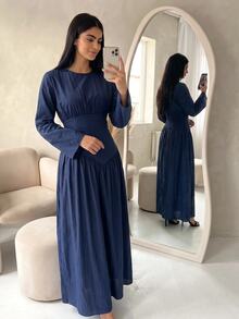 Veilorie Solid Ruched Bust Flowy Hem Arabian Dress - Blue - View 3