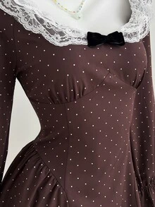 Elamini Polka Dot Print Contrast Lace Flounce Sleeve Bow Front Dress - Coffee - View 6