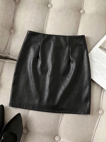 SHEIN Franclia 純色抓皺 PU 皮革包臀裙 - 黑色 - 查看 2