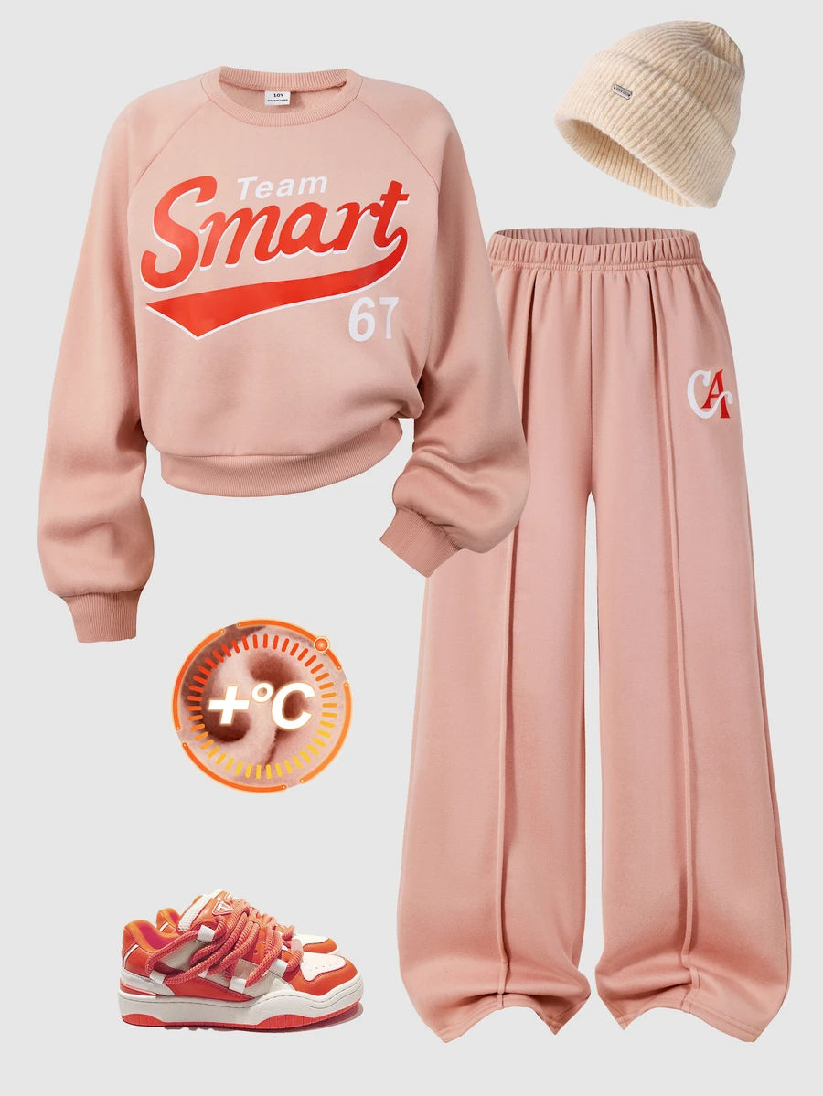 SHEIN Casuvi Kids Tween Girl 1pc Letter Graphic Raglan Sleeve Pullover & 1pc Sweatpants - Coral Pink - View 1