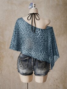 SHEIN ICON Plus Leopard Print Asymmetrical Neck Mesh Top Without Bra - Multicolor - View 2