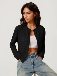 SHEIN BASICS 女士開襟衫 - 黑色 - 查看 2