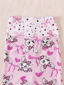 SHEIN 女嬰 2套裝卡通兔子蝴蝶結愛心印花領邊上衣與長褲睡衣套裝 - 粉色 - 查看 5