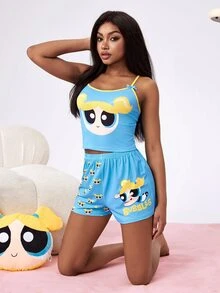 THE POWERPUFF GIRLS X SHEIN Women's Bow Decor Camisole Top And Cartoon Print Shorts Pajama Set - Blue - View 7