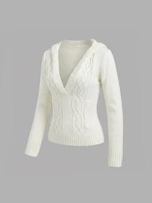 Sweetra Cable Knit Hooded Sweater - White - View 6