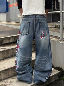 STEELVANCE Men Floral Embroidery Washed Wide Leg Jeans - Light Wash - View 2