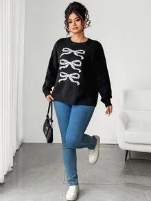 Elenzga Plus Bow Pattern Drop Shoulder Sweater - Hitam dan Putih - View 5