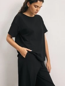Ocili Solid Drop Shoulder Lounge Tee - Black - View 5