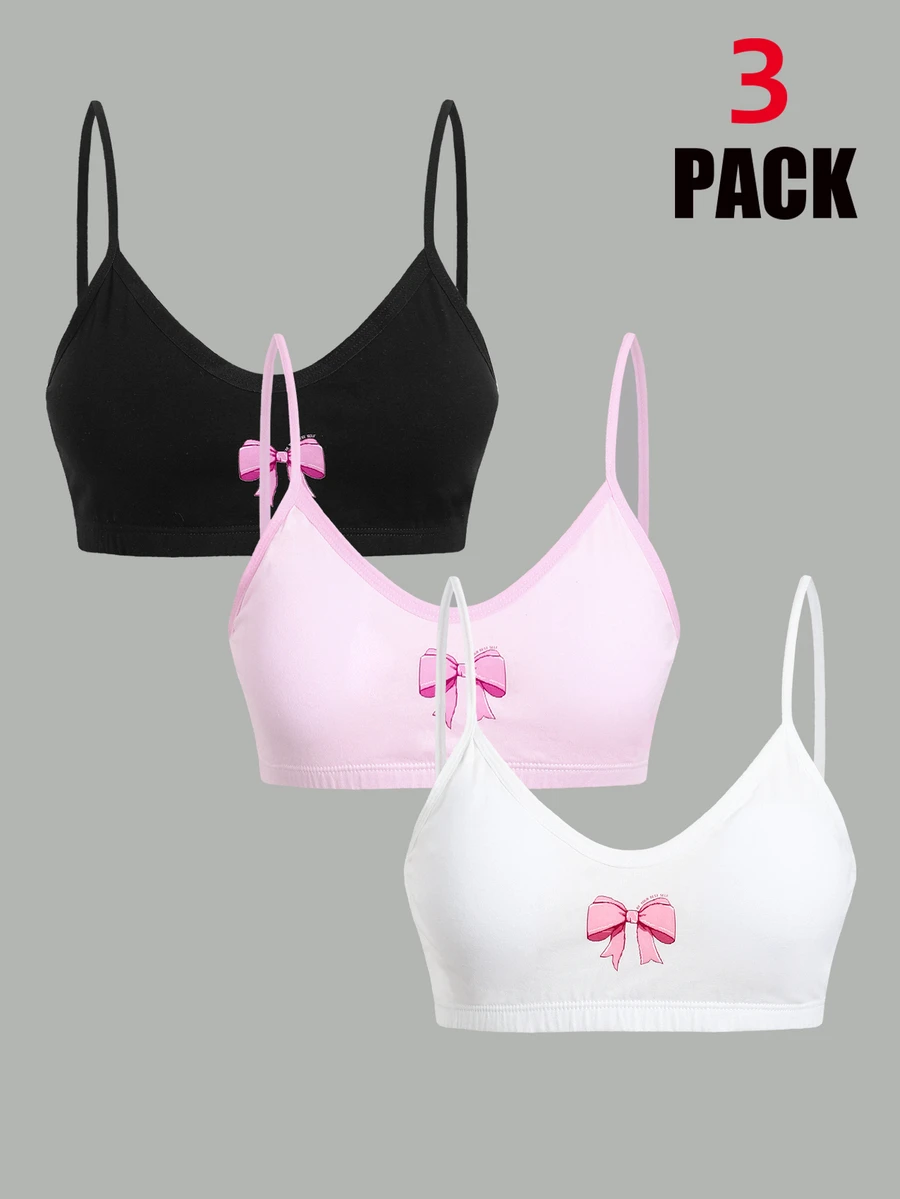 SHEIN 青少年女孩黑白粉 3 件/多件套 簡約內墊細肩帶內衣內褲套裝，舒適素色居家服 - 彩色 - 查看 1