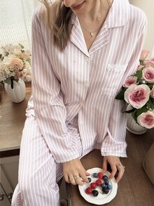 Snug Reverie Striped Cardigan Collar Lace Trim Women's Long Sleeve Pajama Set - Baby Pink - View 1
