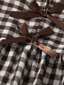 SHEIN Vintaside Kids Girls Little Brown Plaid Bow Top And Coffee Wide Leg Pants 2 Piece Set Top With Plaid Round Neck Long Sleeves Decorated With Three Bows Ruffle Hem And - Brown - View 4