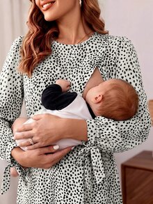 SHEIN 孕婦哺乳圓領波點印花洋裝 - 白色 - 查看 4
