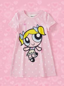 THE POWERPUFF GIRLS X SHEIN 少女卡通印花休閒日常居家短袖睡裙 - 粉色 - 查看 1