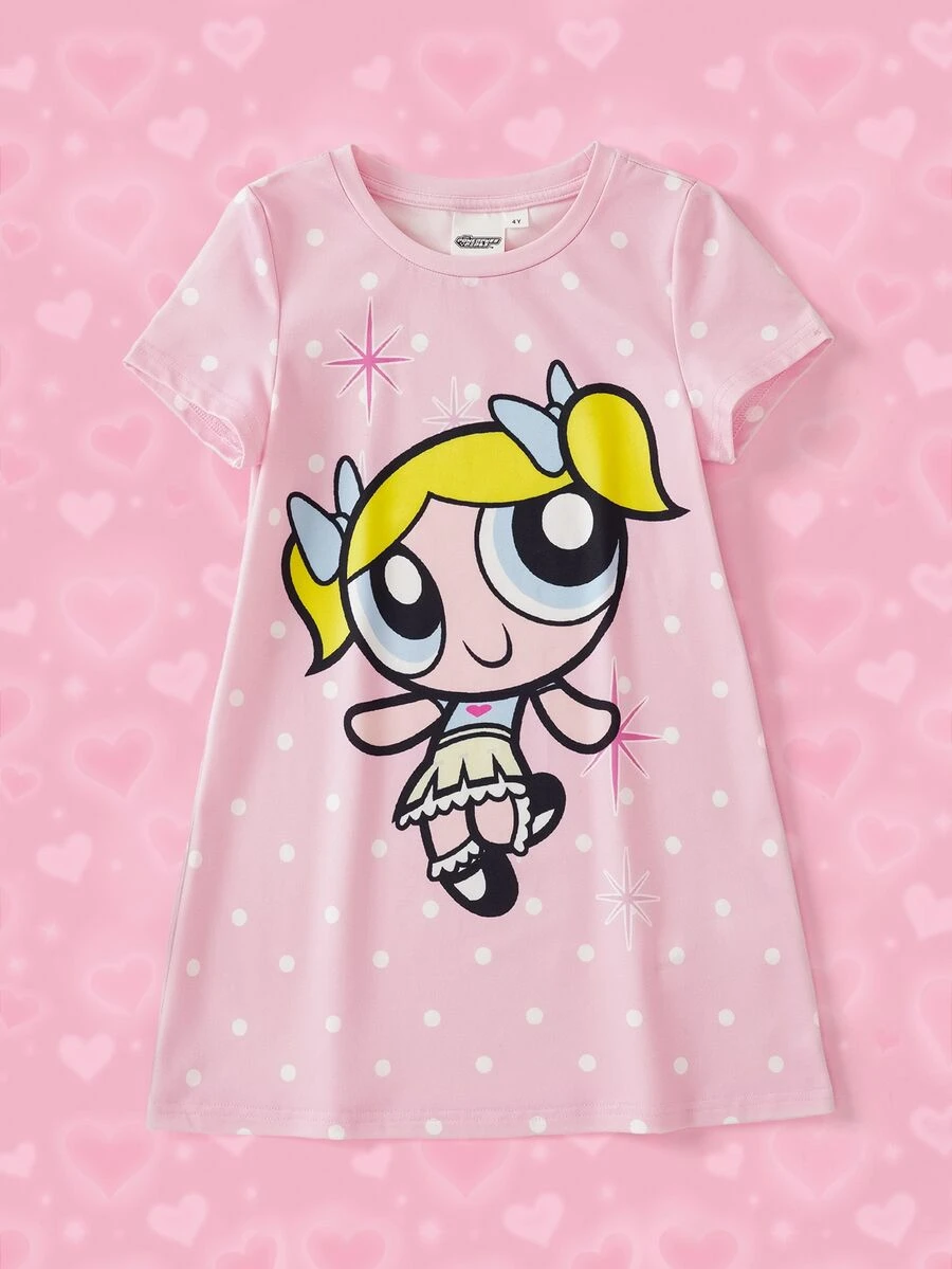 THE POWERPUFF GIRLS X SHEIN 少女卡通印花休閒日常居家短袖睡裙 - 粉色 - 查看 1