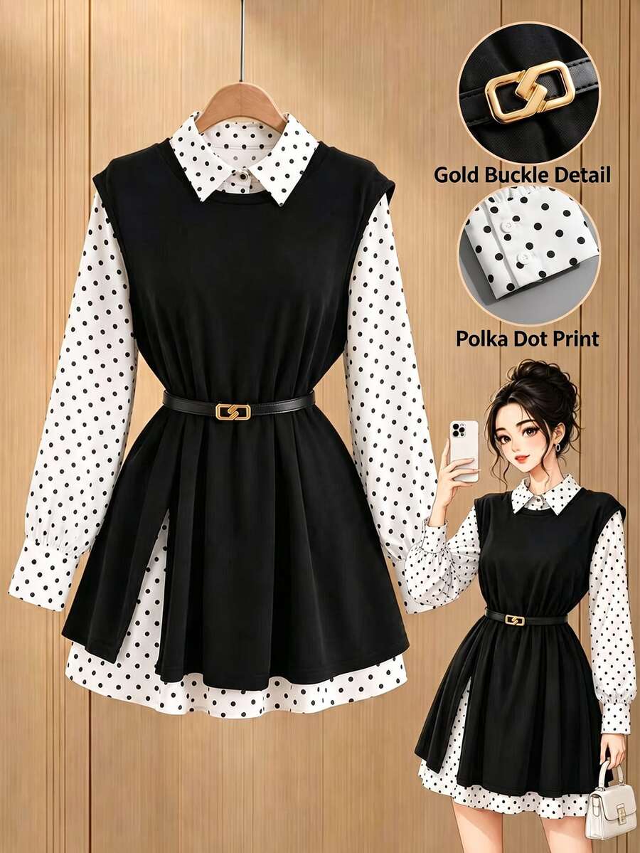 GlowEve CURVE Plus Size Polka Dot Print Shirt & Split Hem Tank Top 2 Pieces Set Fall - Black - View 1